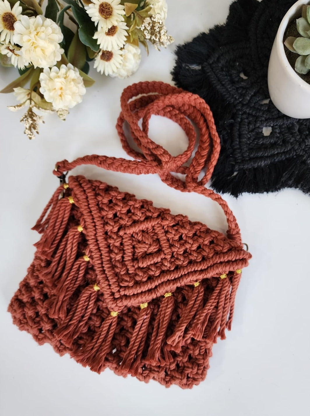 Macrame Sling Bags, 6*8 inch, Beige