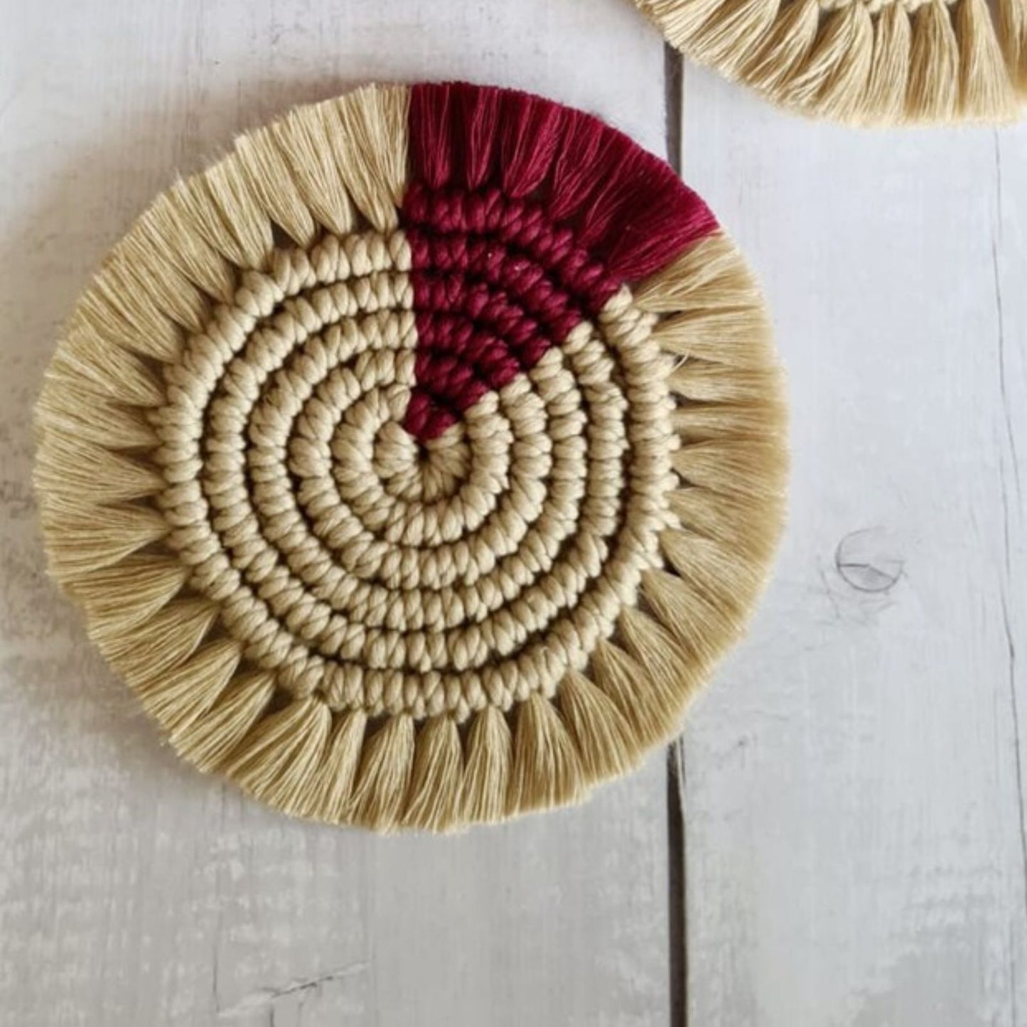 Macrame Round Coasters Bohemian Style, Handmade, Absorbent, For Tea Cups, Coffee Mugs, Cocktail Glasses,(6Pcs, Beige-Wine)