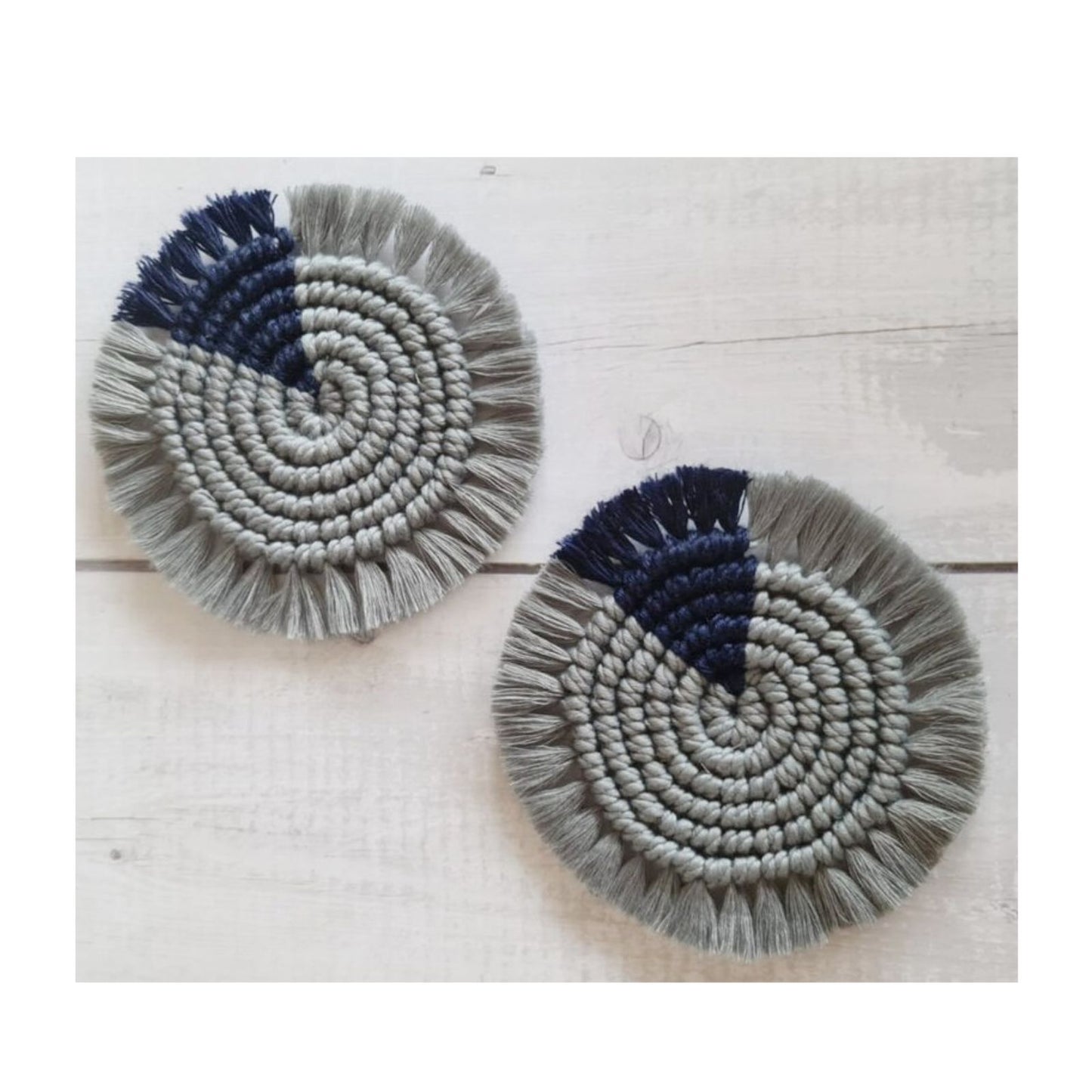 Macrame Round Coasters Bohemian Style, Handmade, for Coffee Mugs, Tea Cups, Cocktail Glasses (6Pcs, Grey-Navy)