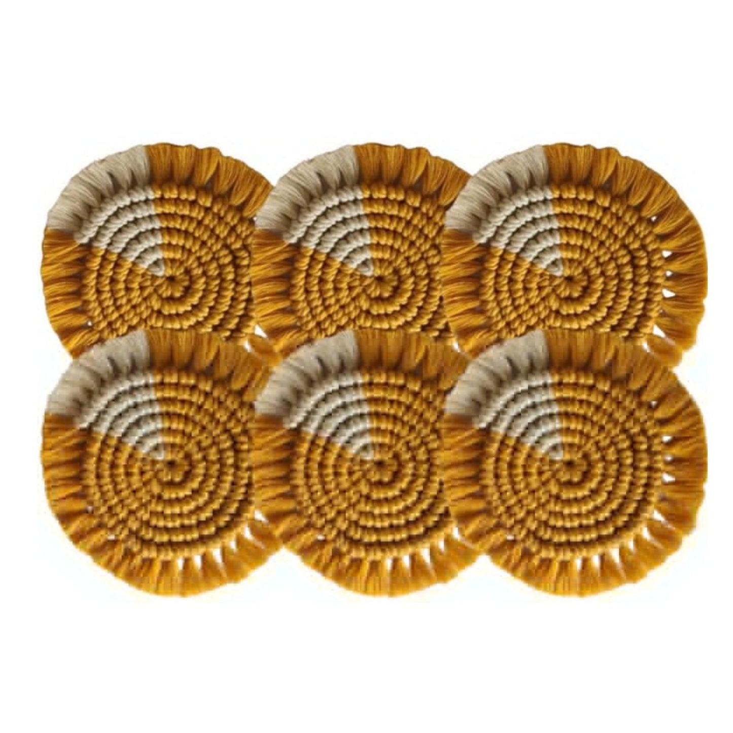 Macrame Round Coasters Bohemian Style, Handmade, for Coffee Mugs, Tea Cups, Cocktail Glasses (6PCs, Mustard-Beige)