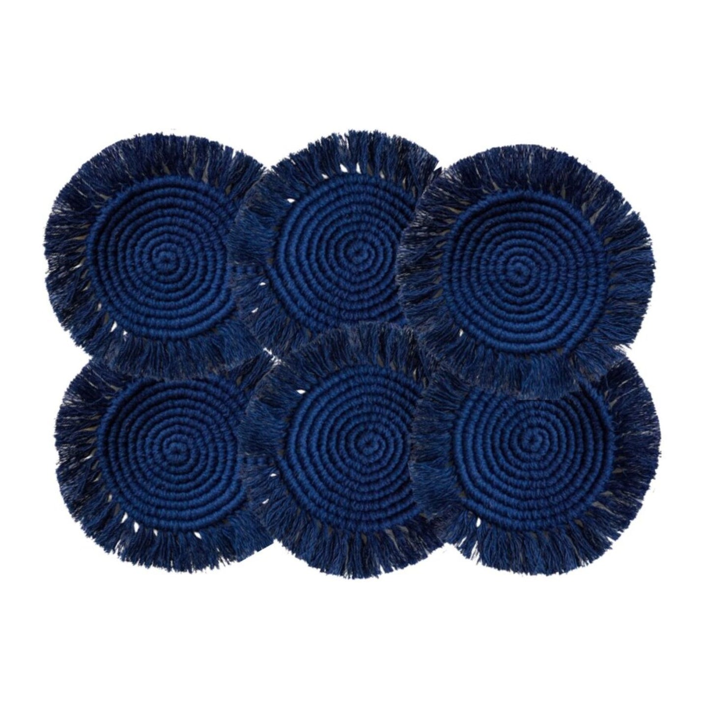 Macrame Round Coasters Bohemian Style, Handmade, for Coffee Mugs, Tea Cups, Cocktail Glasses (6Pcs, Navy)
