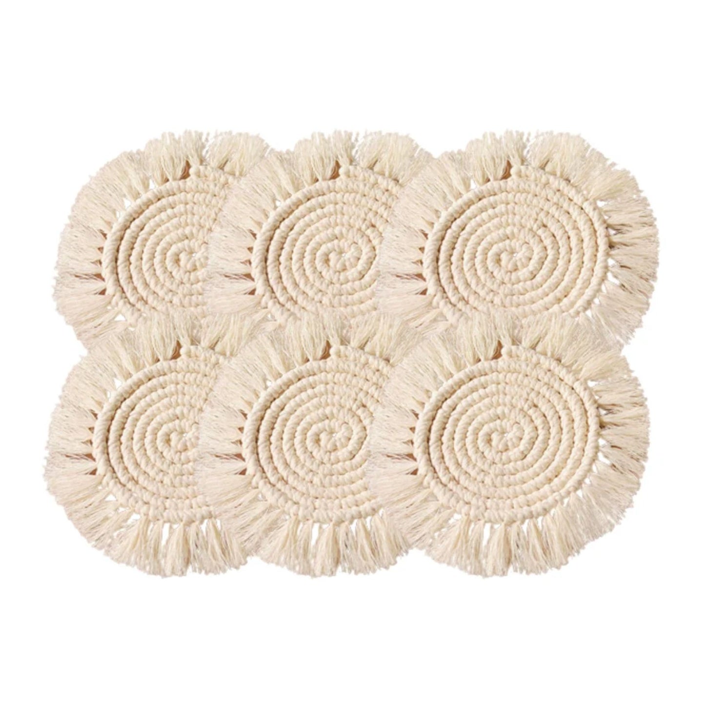 Macrame Round Coasters Bohemian Style, Handmade, for Coffee Mugs, Tea Cups, Cocktail Glasses (6Pcs, Off White)