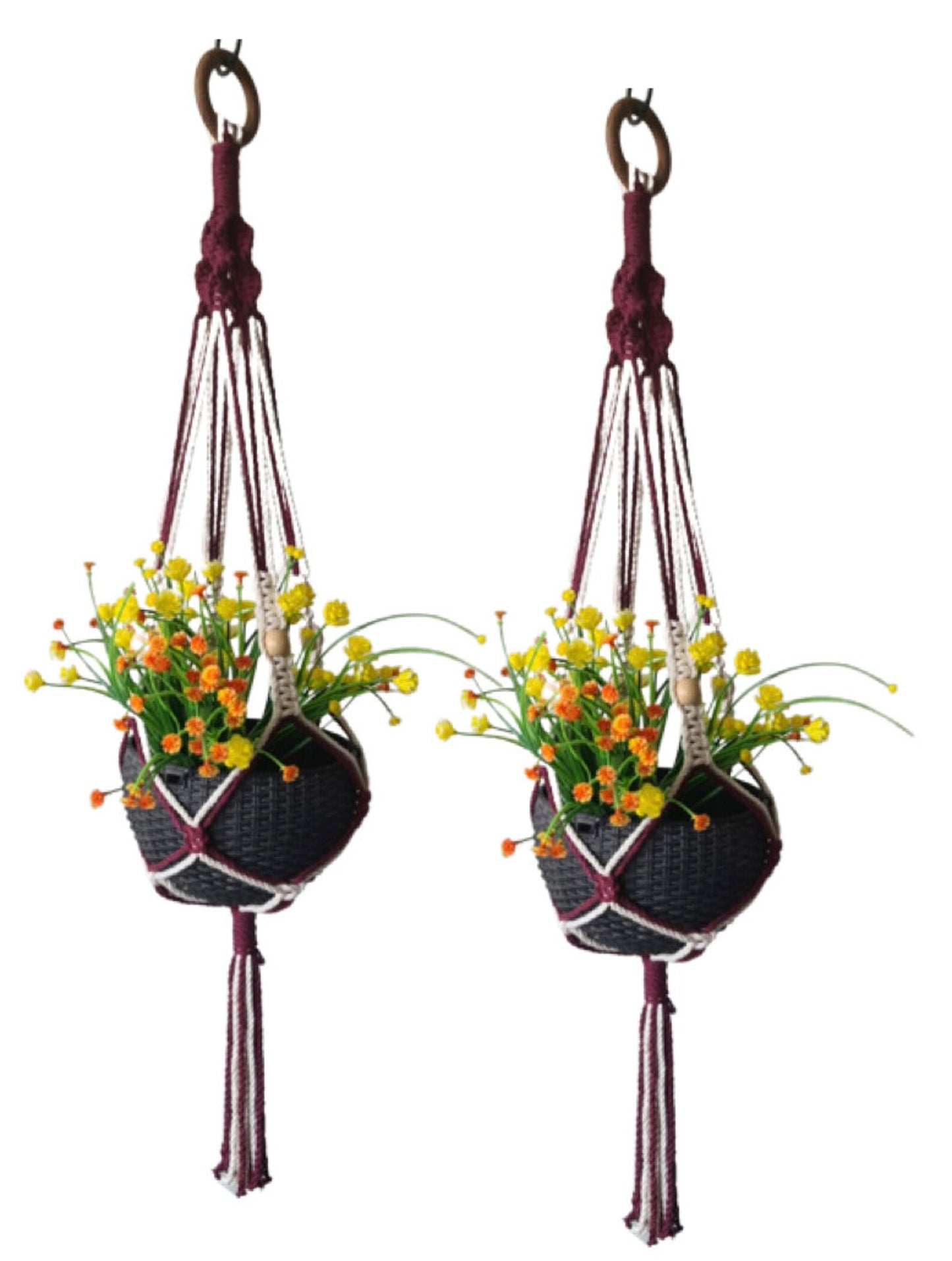 Macrame Cotton Boho Plant Hanger (Without Pot), For Indoor Outdoor Balcony Gardening , 90 cm , Set of 2 (Wine/White)