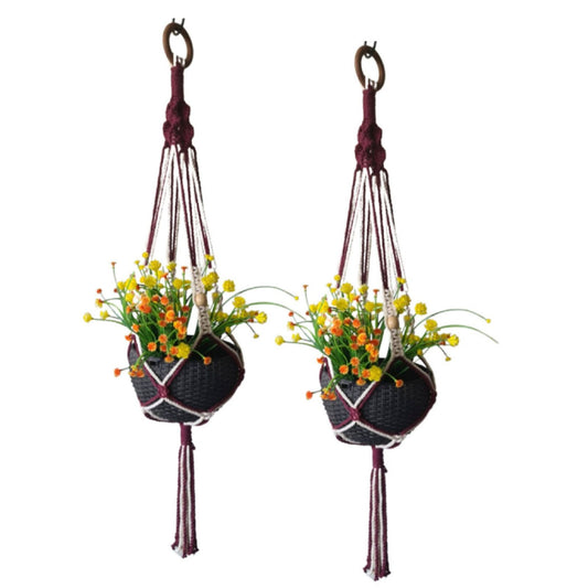 Macrame Cotton Boho Plant Hanger (Without Pot), For Indoor Outdoor Balcony Gardening , 90 cm , Set of 2 (Wine/White)