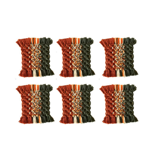 Macrame Round Coasters Bohemian Style, Handmade, for Coffee Mugs, Tea Cups, Cocktail Glasses (6Pcs, Red-Green)