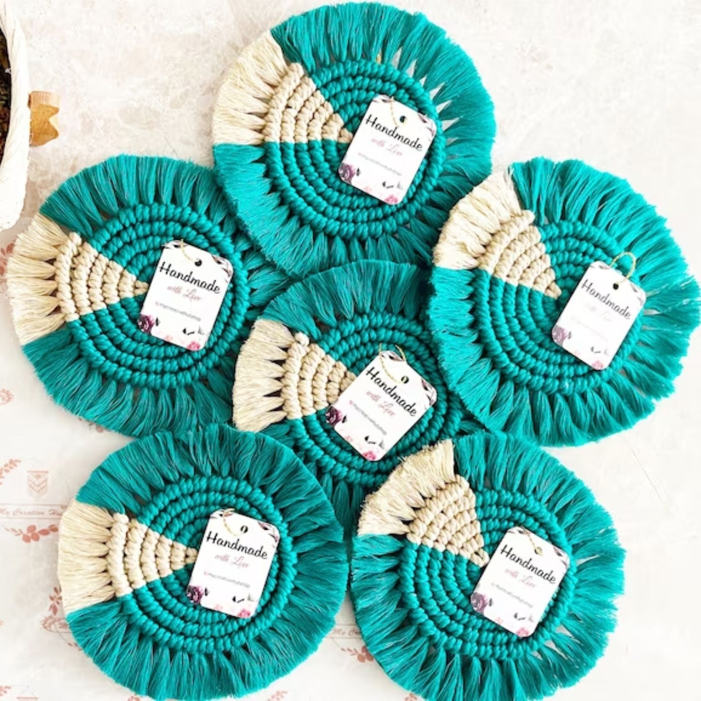 Macrame Round Coasters Bohemian Style, Handmade, for Coffee Mugs, Tea Cups, Cocktail Glasses (6Pcs, Teal-Beige)