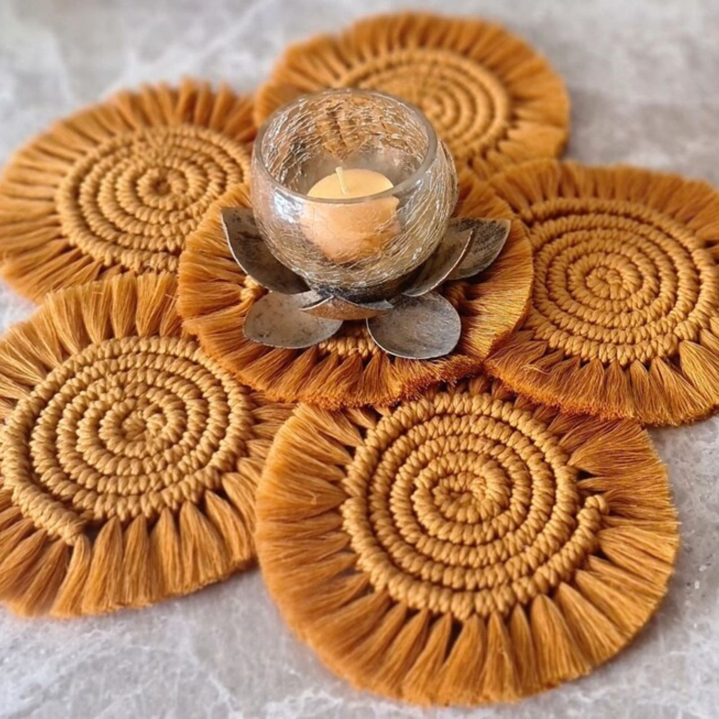 Macrame Round Coasters Bohemian Style, Handmade, for Coffee Mugs, Tea Cups, Cocktail Glasses (6PCs, Orange)