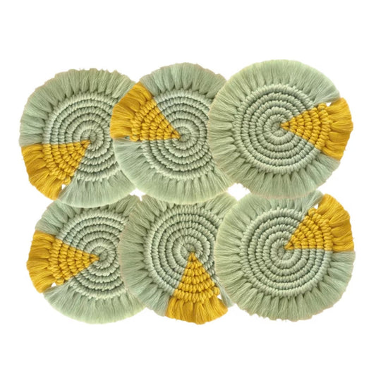 Macrame Round Coasters Bohemian Style, Handmade, for Coffee Mugs, Tea Cups, Cocktail Glasses (6PCs, Green-Yellow)