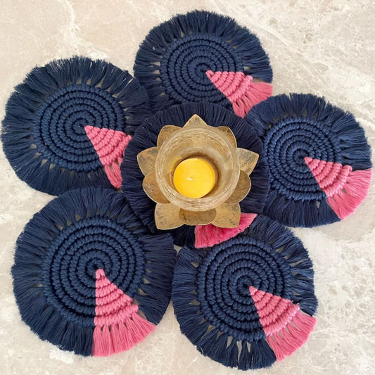 Macrame Round Coasters Bohemian Style, Handmade, for Coffee Mugs, Tea Cups, Cocktail GlassesCS, Navy-Pink)
