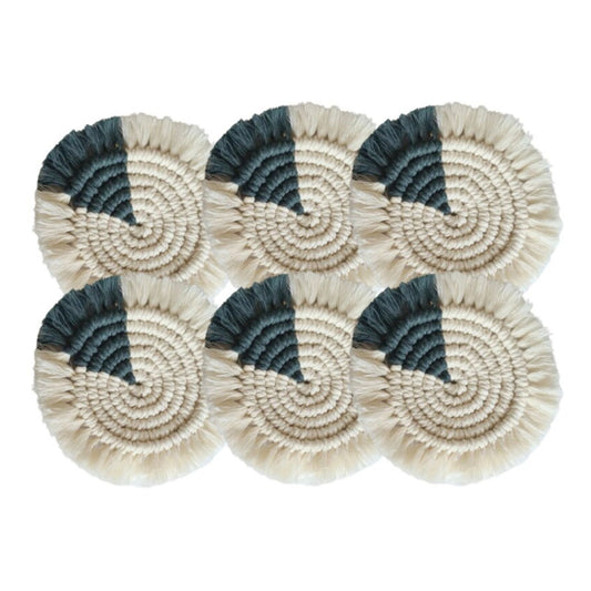 Macrame Round Coasters Bohemian Style, Handmade, for Coffee Mugs, Tea Cups, Cocktail Glasses (6Pcs, OffWhite-Green)