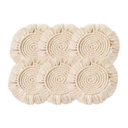 Macrame Round Coasters Bohemian Style, Handmade, for Coffee Mugs, Tea Cups, Cocktail Glasses (6Pcs, Off White)