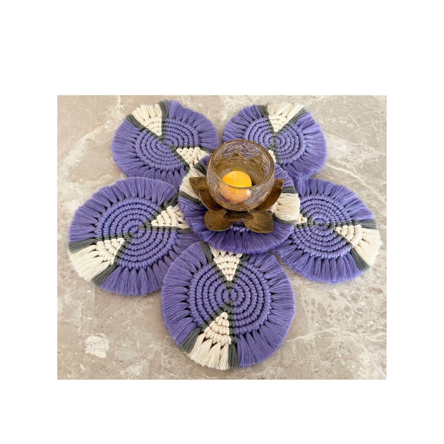 Macrame Round Coasters Bohemian Style, Handmade, for Coffee Mugs, Tea Cups, Cocktail Glasses (6Pcs, Purple-OffWhite)
