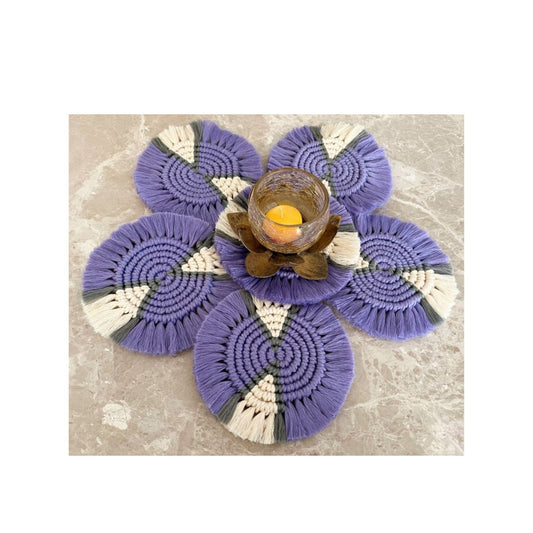 Macrame Round Coasters Bohemian Style, Handmade, for Coffee Mugs, Tea Cups, Cocktail Glasses (6Pcs, Purple-OffWhite)
