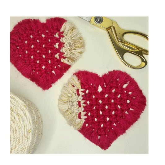 Macrame Heart Coasters Bohemian Style, Handmade, for Coffee Mugs, Tea Cups, Cocktail Glasses (6Pcs, Red-White)