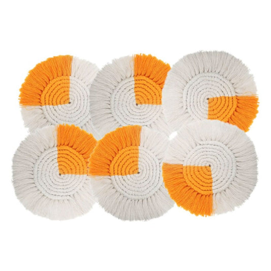 Macrame Round Coasters Bohemian Style, Handmade, for Coffee Mugs, Tea Cups, Cocktail Glasses (6Pcs, White-Orange)